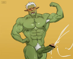 Rule 34 | 1boy, abs, bad id, bad pixiv id, bar censor, bara, biceps, blush, censored, cerberus arts, colored skin, completely nude, cowboy shot, cum, ejaculation, erection, fangs, flexing, green skin, hand on own hip, large pectorals, looking at viewer, male focus, male pubic hair, mature male, monster boy, muscular, muscular male, navel, navel hair, nipples, nude, orc, pectorals, penis, pointy ears, projectile cum, pubic hair, rigurudo (tensei shitara slime datta ken), short hair, solo, stomach, tensei shitara slime datta ken, testicles, thighs, veins, veiny penis, white hair