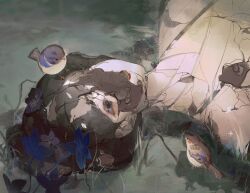 1girl abandoned bird bird_request black_eyes black_hair blue_flower broken chinese_clothes chinese_commentary cracked_skin doll flower grass hair_flower hair_ornament hanfu highres hole_in_face horror_(theme) lying on_back original shards shattered solo tagme upper_body weizhidaodao