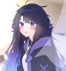 Rule 34 | 1girl, :o, black jacket, blue hair, blush, collared shirt, commentary, commentary request, deidey, gradient hair, highres, indie virtual youtuber, indonesian commentary, jacket, long hair, looking at viewer, messy hair, multicolored hair, open mouth, purple eyes, purple hair, purpora, shirt, sidelocks, signature, solo, star (symbol), star sticker, swept bangs, two side up, upper body, virtual youtuber, white shirt