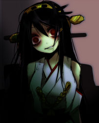 Rule 34 | 1girl, bags under eyes, bare shoulders, black hair, commentary request, crazy eyes, crazy smile, dark, dark persona, empty eyes, fua yuu, gradient background, grey background, haruna (kancolle), head tilt, headgear, horror (theme), kantai collection, looking at viewer, messy hair, nontraditional miko, red eyes, shadow, sketch, smile, solo