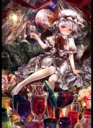 Rule 34 | 1girl, alcohol, bad id, bad pixiv id, bare legs, barefoot, bat wings, blush, bottle, bow, couch, cup, drinking glass, feet, female focus, flower, full moon, hat, highres, lamp, moon, petals, pillarboxed, red eyes, red moon, remilia scarlet, rose, sash, shirt, silver hair, sitting, skirt, skirt set, solo, torino aqua, touhou, window, wine, wine glass, wings