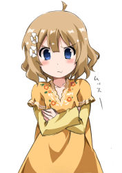 Rule 34 | ahoge, angry, blue eyes, blush, brown hair, commentary request, crossed arms, dress, floral print, flower, hair between eyes, hair flower, hair ornament, idolmaster, idolmaster million live!, long sleeves, looking at viewer, pout, print dress, short hair, solo, suou momoko, train 90, upper body, white background, yellow dress