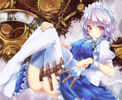 Rule 34 | 1girl, absurdres, bow, braid, gears, hair bow, hand on own knee, highres, holster, izayoi sakuya, knife, korezyanai, legs, looking at viewer, maid headdress, red eyes, short hair, silver hair, solo, thighhighs, touhou, twin braids, weapon, white thighhighs