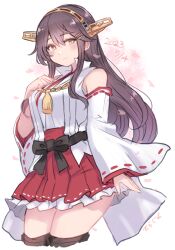 Rule 34 | 1girl, artist name, bare shoulders, black hair, blush, brown eyes, closed mouth, cropped legs, detached sleeves, hair between eyes, hairband, haruna (kancolle), haruna kai ni (kancolle), headgear, japanese clothes, kantai collection, long hair, nontraditional miko, pleated skirt, red skirt, ribbon-trimmed sleeves, ribbon trim, signature, simple background, skirt, smile, solo, terrajin, white background, white sleeves, wide sleeves