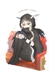 Rule 34 | 1girl, arknights, bad id, bad pixiv id, black cloak, black dress, black footwear, black scarf, boots, brown eyes, cloak, couch, covered mouth, dress, grey hair, hair between eyes, high heel boots, high heels, hood, hood up, horns, horns through headwear, hugging own legs, knee boots, long hair, notice lines, on couch, pillow, romaji text, scarf, shining (arknights), simple background, solo, toufu mentaru zabuton, twitter username, very long hair, white background