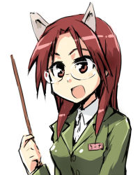 Rule 34 | 00s, 1girl, animal ears, glasses, kuropan (crow panther), kurou (artist), long hair, minna-dietlinde wilcke, red eyes, red hair, solo, strike witches, uniform, world witches series