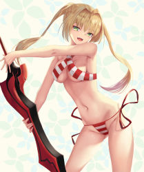 Rule 34 | 1girl, :d, absurdres, bikini, blonde hair, breasts, cleavage, fate/grand order, fate (series), floating hair, gluteal fold, green eyes, hair intakes, highres, holding, holding sword, holding weapon, long hair, looking at viewer, navel, nekobell, nero claudius (fate), nero claudius (fate) (all), nero claudius (swimsuit caster) (fate), open mouth, side-tie bikini bottom, sideboob, smile, solo, standing, striped bikini, striped clothes, swimsuit, sword, twintails, underboob, very long hair, weapon