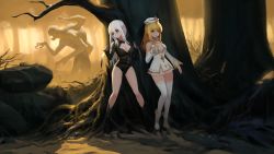 Rule 34 | 1other, 2girls, against tree, belt, black footwear, black leotard, blonde hair, boots, braid, breasts, cleavage, dagger, detached sleeves, dress, dual wielding, elf, extra arms, forest, full body, game cg, hand on own chest, hat, hiding, holding, knife, large breasts, legs, leotard, long hair, medium breasts, monster, mretsis, multiple girls, nature, necromancy emily&#039;s escape, original, outdoors, pointy ears, red eyes, short dress, silver hair, standing, thighhighs, thighs, tree, weapon, white dress, white footwear, white headwear, white legwear, white sleeves, yellow eyes, zettai ryouiki