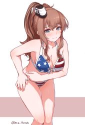 Rule 34 | 10s, 1girl, american flag bikini, artist name, bikini, blue eyes, blush, breasts, brown hair, cleavage, closed mouth, collarbone, disco brando, flag print, highres, kantai collection, large breasts, long hair, looking at viewer, ponytail, saratoga (kancolle), solo, swimsuit, twitter username