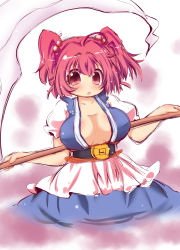 Rule 34 | 1girl, belt, blue dress, breasts, cowboy shot, dress, hair bobbles, hair ornament, large breasts, looking at viewer, muuba, no bra, onozuka komachi, open clothes, open mouth, open shirt, puffy short sleeves, puffy sleeves, red eyes, red hair, sash, scythe, shirt, short sleeves, solo, touhou, twintails, two side up