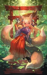 Rule 34 | 1girl, aged down, animal ears, black footwear, blonde hair, blue ribbon, blush, boots, commentary request, cross-laced footwear, cutout gloves, dark-skinned female, dark skin, day, forest, fox ears, fox girl, fox tail, full body, gloves, hair ribbon, hakama, hakama skirt, half gloves, highres, hololive, japanese clothes, kintsuba (shiranui flare), lack, long hair, long sleeves, looking at viewer, multicolored hair, multiple tails, nature, open mouth, orange eyes, orange gloves, outdoors, pointy ears, red eyes, red hakama, red ribbon, ribbon, shiranui flare, shiranui flare (new year), skirt, smile, solo, stuffed animal, stuffed panda, stuffed toy, tail, torii, tree, two-tone hair, virtual youtuber, white hair, wide sleeves