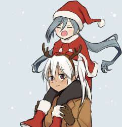 Rule 34 | 2girls, ahoge, animal costume, antlers, capelet, carrying, christmas, gloves, grey hair, hair between eyes, hat, horns, kantai collection, kiyoshimo (kancolle), low twintails, merry christmas, multiple girls, musashi (kancolle), reindeer costume, santa costume, santa hat, shoulder carry, snow, spica1476, twintails