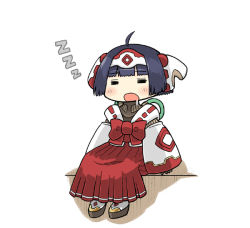 Rule 34 | 1girl, = =, ahoge, ar tonelico, black hair, blush, chibi, closed eyes, drooling, eyebrows, full body, head tilt, headband, meimei (ar tonelico), open mouth, platform footwear, pleated skirt, red skirt, serizawa enono, short hair, simple background, sitting, skirt, sleeping, sleeves past wrists, solo, white background, zzz