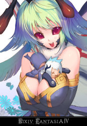 Rule 34 | 1girl, antennae, between breasts, blue hair, breasts, character doll, cleavage, elbow gloves, gloves, gradient hair, green hair, masa (masa-koba), monster girl, multicolored hair, pixiv fantasia, pixiv fantasia 4, puppet, red eyes, short hair, smile, solo