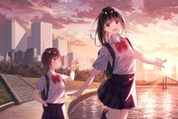 Rule 34 | 2girls, backpack, bag, black bag, blue skirt, blush, bob cut, bow, bowtie, bridge, brown eyes, brown hair, building, city, cloud, collared shirt, hand up, highres, koh rd, long hair, looking at viewer, multiple girls, open mouth, original, outdoors, outstretched arms, plaid, plaid skirt, pleated skirt, red bow, red bowtie, river, riverbank, scenery, school uniform, shirt, short hair, short sleeves, skirt, sky, smile, spread arms, stairs, standing, sunset, suspension bridge, water, white shirt