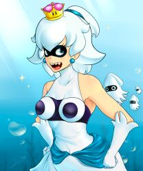 Rule 34 | 1girl, air bubble, blooper (mario), bloopette, blue eyes, bubble, dress, earrings, gloves, hands on own hips, highres, jewelry, lawly6, looking at viewer, mario (series), nintendo, open mouth, sharp teeth, super crown, teeth, underwater, white dress, white gloves, white hair