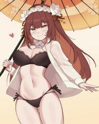 Rule 34 | 1girl, absurdres, black bra, black panties, bra, breasts, brown hair, cleavage, exorcist miya, frilled hairband, frills, guardian tales, hairband, heart, highres, holding, holding umbrella, jacket, large breasts, long hair, looking at viewer, navel, open clothes, open jacket, panties, simple background, sliverdog, smile, umbrella, underwear, yellow eyes