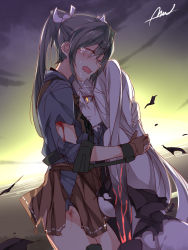 Rule 34 | 10s, 2girls, abyssal ship, aircraft carrier princess, bare shoulders, blood, breasts, brown skirt, closed eyes, colored skin, crying, gloves, glowing, glowing eyes, grey hair, hakama, hakama short skirt, hakama skirt, head on chest, hug, injury, japanese clothes, kantai collection, large breasts, long hair, mtu (orewamuzituda), multiple girls, no bra, no panties, ocean, one side up, open mouth, ribbon, skirt, tears, torn clothes, twintails, veins, very long hair, watermark, white hair, white skin, yellow eyes, zuikaku (kancolle)