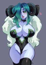 Rule 34 | 1girl, arms up, black sclera, black thighhighs, blush, borrowed character, breasts, choker, cleavage, colored sclera, colored skin, demon girl, demon horns, drcockula, feather boa, green eyes, green hair, hair over one eye, horns, huge breasts, leotard, lips, lipstick, long hair, makeup, matching hair/eyes, mole, mole under eye, original, parted lips, purple skin, revealing clothes, solo, thighhighs, thong leotard