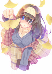 Rule 34 | 1girl, black hair, blue eyes, blue sweater, blush, book, breasts, commentary request, cowboy shot, cropped legs, ginkgo tree, hairband, highres, holding, holding book, hujikok, idolmaster, idolmaster cinderella girls, large breasts, leaning forward, long hair, long sleeves, looking at another, medium breasts, nose blush, plaid, plaid scarf, ribbed sweater, sagisawa fumika, scarf, simple background, solo, sweater, white background