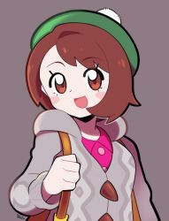 Rule 34 | 1girl, :d, artsy-rc, blush stickers, brown eyes, brown hair, commentary, creatures (company), english commentary, game freak, gloria (pokemon), green hat, grey background, grey jacket, hat, highres, jacket, long sleeves, looking at viewer, medium hair, nintendo, open mouth, pink shirt, pokemon, pokemon swsh, shirt, signature, simple background, smile, solo