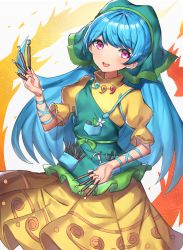 Rule 34 | 1girl, :d, apron, arm ribbon, between fingers, blue hair, blue ribbon, blush, breasts, chisel, cowboy shot, daisy, dress, flower, green apron, green headwear, hair scarf, hand up, haniyasushin keiki, highres, holding, jewelry, leste (humansequencer), long hair, looking at viewer, magatama, magatama necklace, medium breasts, necklace, open mouth, pink eyes, puffy short sleeves, puffy sleeves, ribbon, short sleeves, simple background, smile, solo, swept bangs, touhou, turtleneck, very long hair, white flower, yellow dress