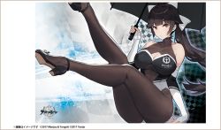 Rule 34 | 1girl, azur lane, bare shoulders, black hair, bow, breasts, brown hair, cleavage, cleavage cutout, closed mouth, clothing cutout, copyright name, covered collarbone, elbow gloves, fingerless gloves, gloves, hair bow, high heels, holding, kishiyo, large breasts, legs up, leotard, logo, long hair, long legs, looking at viewer, official art, pantyhose, ponytail, race queen, sitting, solo, takao (azur lane), takao (full throttle charmer) (azur lane), turtleneck, umbrella, white gloves