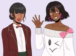 Rule 34 | 1girl, alternate costume, big nose, black hair, blazer, blouse, blunt bangs, bobby socks, bow, bowtie, buttons, casual, color contacts, colored contact lenses, dark skin, etrosgate, eyelashes, fashion, girls mode 4, green eyes, hair bun, jacket, janice (style savvy), makeover, nintendo, off shoulder, office lady, pants, pink lips, red jacket, secretary, shirt, single hair bun, socks, style savvy (video game series), sweater, waving