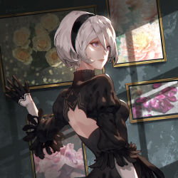 Rule 34 | 1girl, alternate color, back cutout, black dress, black hairband, blue eyes, cleavage cutout, clothing cutout, dress, dutch angle, feather-trimmed sleeves, from behind, gloves, hairband, highres, jiro (ninetysix), juliet sleeves, long sleeves, mole, mole under mouth, nier (series), nier:automata, no blindfold, picture frame, puffy sleeves, shadow, silver hair, wall, 2b (nier:automata)