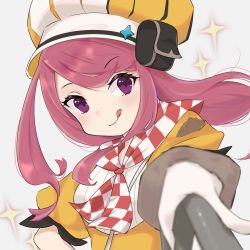 Rule 34 | 1girl, arm up, blurry, blush, breasts, checkered neckerchief, closed mouth, depth of field, female focus, gloves, grey background, happy, highres, holding, jpeg artifacts, licking lips, light blush, long hair, looking at viewer, mogi gimo, neckerchief, orange headwear, orange shirt, outstretched arm, parfait (world flipper), pink hair, pouch, puffy short sleeves, puffy sleeves, purple eyes, red neckerchief, shirt, short sleeves, sidelocks, simple background, small breasts, smile, solo, sparkle, swept bangs, tongue, tongue out, upper body, white gloves, world flipper