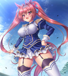 Rule 34 | 1girl, animal ears, blush, breasts, brown hair, crossed bangs, daiwa scarlet (umamusume), day, dutch angle, fang, garter straps, hair intakes, hand on own hip, horse ears, horse girl, horse tail, impossible clothes, large breasts, long hair, looking at viewer, open mouth, outdoors, red eyes, solo, tail, takeponi, thighhighs, tiara, twintails, umamusume, very long hair