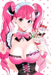 Rule 34 | 1girl, blunt bangs, breasts, cleavage, corset, cup, detached collar, drill hair, earrings, food, fruit, ghost, hair ribbon, holding, holding cup, jewelry, joman, large breasts, looking at viewer, looking up, maid headdress, neck ribbon, one piece, perona, pink hair, pink nails, pink wrist cuffs, ribbon, simple background, smile, solo, strawberry, third-party source, tongue, tongue out, twin drills, twintails, umbrella, upper body, wrist cuffs