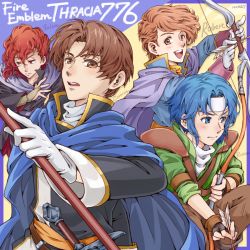 Rule 34 | 4boys, arrow (projectile), belt, blue eyes, blue hair, blush, bow (weapon), brown eyes, brown hair, cape, carrion (fire emblem), character name, copyright name, fingerless gloves, fire emblem, fire emblem: thracia 776, gloves, headband, mojakkoro, multiple boys, nintendo, open mouth, polearm, red eyes, red hair, robert (fire emblem), ronan (fire emblem), salem (fire emblem), spear, sword, teeth, weapon