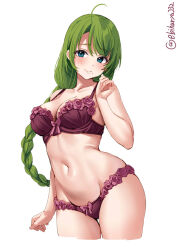 Rule 34 | 1girl, ahoge, blue eyes, blush, bra, braid, braided ponytail, breasts, closed mouth, collarbone, cowboy shot, cropped legs, ebifurya, flower, flower trim, gluteal fold, green hair, groin, hand up, highres, kantai collection, large breasts, long hair, looking at viewer, mole, mole under mouth, navel, one-hour drawing challenge, panties, parted bangs, purple bra, purple panties, rose, simple background, solo, strap gap, thigh gap, thighs, twitter username, underwear, underwear only, very long hair, white background, yuugumo (kancolle)