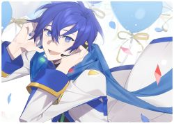Rule 34 | 1boy, 1c3ink3tk4n, balloon, blue eyes, blue hair, blue theme, border, bow, coat, confetti, hands on own face, hands on own head, hands up, headset, high collar, highres, kaito (vocaloid), kaito (vocaloid3), looking at viewer, male focus, nail polish, open mouth, overexposure, pale skin, scarf, smile, solo, teeth, turtleneck, upper body, vocaloid, white border, white coat