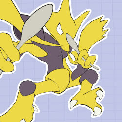 Rule 34 | alakazam, black eyes, claws, commentary, creatures (company), game freak, gen 1 pokemon, grey background, grid background, holding, holding spoon, kelvin-trainerk, looking to the side, nintendo, no humans, outline, pokemon, pokemon (creature), solo, spoon, twitter username, watermark