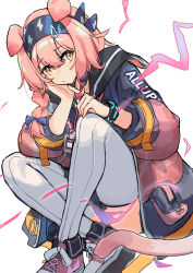 Rule 34 | 1girl, absurdres, animal ears, arknights, black hairband, black wristband, blue jacket, cat ears, cat tail, clothes writing, floppy ears, goldenglow (arknights), hair between eyes, hairband, head rest, highres, id card, indian style, infection monitor (arknights), jacket, knees up, light blush, lightning bolt print, long hair, looking at viewer, multicolored clothes, multicolored jacket, pink footwear, pink hair, pink jacket, shoes, simple background, sitting, solo, tail, thighhighs, two-tone jacket, white background, white thighhighs, yellow eyes, yurooe
