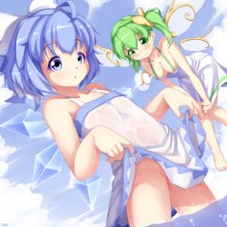 Rule 34 | 2girls, :o, ahoge, alternate costume, asymmetrical hair, bare legs, barefoot, blue eyes, blue hair, blue sky, bow, breasts, cirno, clothes lift, collarbone, colored eyelashes, daiyousei, day, downblouse, dress, dress lift, dress tug, embarrassed, fairy wings, flat chest, flying, green eyes, green hair, hair bow, ice, ice wings, knees together feet apart, legs apart, looking at viewer, medium breasts, multiple girls, no panties, parted lips, partially visible vulva, psychopath idiot, short hair, side ponytail, skirt hold, sky, sleeveless, sleeveless dress, standing, tareme, touhou, wading, water, wavy mouth, white bow, white dress, wings