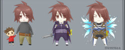 Rule 34 | 00s, age difference, brown eyes, brown hair, chibi, closed eyes, crossed arms, father and son, kratos aurion, lloyd irving, short hair, simple background, sword, tales of (series), tales of symphonia, weapon, wings