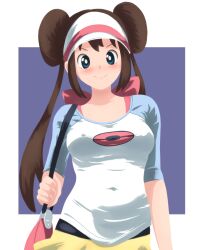 Rule 34 | 1girl, absurdres, bag, black pantyhose, blush, border, breasts, bright pupils, brown hair, closed mouth, commentary, covered erect nipples, covered navel, creatures (company), double bun, game freak, green eyes, grey background, hair bun, handbag, highres, holding strap, long hair, nintendo, ospry (demg3234), outside border, pantyhose, pink bag, pokemon, pokemon bw2, rosa (pokemon), shirt, shorts, sleeves past elbows, smile, solo, twintails, white border, white pupils, yellow shorts