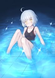 Rule 34 | 1girl, ahoge, bad id, bad pixiv id, bare arms, bare legs, bare shoulders, barefoot, black one-piece swimsuit, blush, closed mouth, commentary request, fate/grand order, fate (series), head tilt, highres, jeanne d&#039;arc (fate), jeanne d&#039;arc alter santa lily (fate), jilu, long hair, one-piece swimsuit, partially submerged, silver hair, sitting, solo, sparkle, swimsuit, very long hair, water, yellow eyes