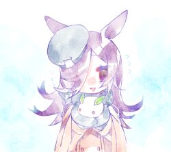 Rule 34 | 1girl, animal ears, blue hat, blue mittens, brown coat, brown eyes, coat, eyelashes, flying sweatdrops, hair over one eye, hat, holding, horse ears, horse girl, long hair, long sleeves, mittens, open mouth, rice shower (umamusume), snow rabbit, solo, umamusume, ume (pickled plum), very long hair