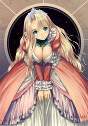 Rule 34 | 1girl, absurdres, arcana, blonde hair, blue eyes, blush, breasts squeezed together, breasts, cleavage, dress, frills, harp (arcana), head tilt, highres, large breasts, leaning forward, long hair, non-web source, smile, solo, tiara, tony taka, very long hair