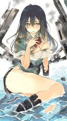 Rule 34 | 10s, 1girl, arm support, ass, black eyes, black footwear, black gloves, black hair, blush, boots, breasts, bruise, burnt clothes, chikuma (kancolle), commentary request, elbow gloves, gloves, hair between eyes, hand on own chest, injury, kantai collection, large breasts, long hair, looking at viewer, machinery, open mouth, partially submerged, pelvic curtain, puffy short sleeves, puffy sleeves, shimeji (4 me ji), short sleeves, side slit, single glove, single thighhigh, sitting, solo, thighhighs, thighs, torn clothes, water