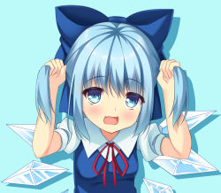 Rule 34 | 1girl, :d, alternate hairstyle, bad id, bad pixiv id, blue background, blue eyes, blue hair, bow, bowtie, bunching hair, cirno, fang, hair bow, hair ribbon, highres, ice, ice wings, looking at viewer, matching hair/eyes, open mouth, ribbon, short hair, simple background, smile, solo, tonchan, touhou, two side up, wings