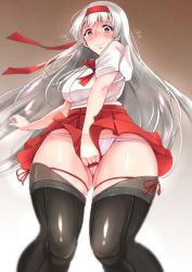 Rule 34 | 10s, 1girl, alternate costume, bifidus, black thighhighs, blush, covering privates, covering crotch, embarrassed, flying sweatdrops, from below, full-face blush, fundoshi, gradient background, grey eyes, grey hair, hairband, hakama, hakama short skirt, hakama skirt, holding, holding clothes, holding skirt, japanese clothes, kantai collection, long hair, looking at viewer, miniskirt, pleated skirt, red skirt, shoukaku (kancolle), skirt, skirt set, skirt tug, solo, tasuki, thighhighs, very long hair, wavy mouth