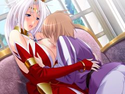 Rule 34 | 1boy, 1girl, bare shoulders, blue eyes, breasts, cleavage, crown, dress, earrings, game cg, gem, hair ornament, himegoto-ai, huge breasts, indoors, jewelry, licking, long hair, lots of jewelry, mature female, moaning, nipples, no bra, open mouth, queen, ramurissa (himegoto-ai), short hair, white hair