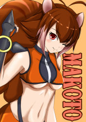 Rule 34 | 1girl, ahoge, animal ears, antenna hair, arc system works, bare shoulders, blazblue, blazblue: continuum shift, breasts, brown eyes, brown hair, character name, fingerless gloves, gloves, makoto nanaya, midriff, miniskirt, multicolored hair, navel, one eye closed, orange background, red eyes, short hair, simple background, skirt, smile, solo, squirrel ears, squirrel tail, strapless, tail, tonfa, tube top, underboob, weapon, wink