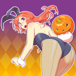 Rule 34 | 1girl, animal ears, argyle, argyle background, argyle clothes, ass, bow, bowtie, detached collar, fake animal ears, fishnet pantyhose, fishnets, floating hair, fukusuke hachi-gou, gradient background, halloween, highres, jack-o&#039;-lantern, leaning forward, leotard, long hair, open mouth, original, outline, pantyhose, playboy bunny, pumpkin, purple eyes, rabbit ears, rabbit tail, red hair, solo, tail, wrist cuffs