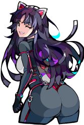 Rule 34 | 1girl, animal ears, ass, ass focus, black hair, bodysuit, breasts, cameltoe, cat ears, enpe, from behind, gloves, green eyes, guilty crown, highres, huge ass, leaning, leaning forward, long hair, looking at viewer, looking back, medium breasts, one eye closed, open mouth, sideboob, skin tight, smile, solo, tsugumi (guilty crown), very long hair, wink